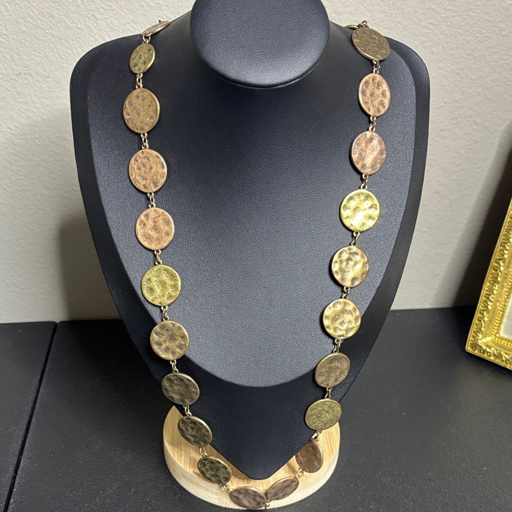 CHICO'S AGED MULTI-TONE Copper Gold Tone METAL DISC 36" Long NECKLACE